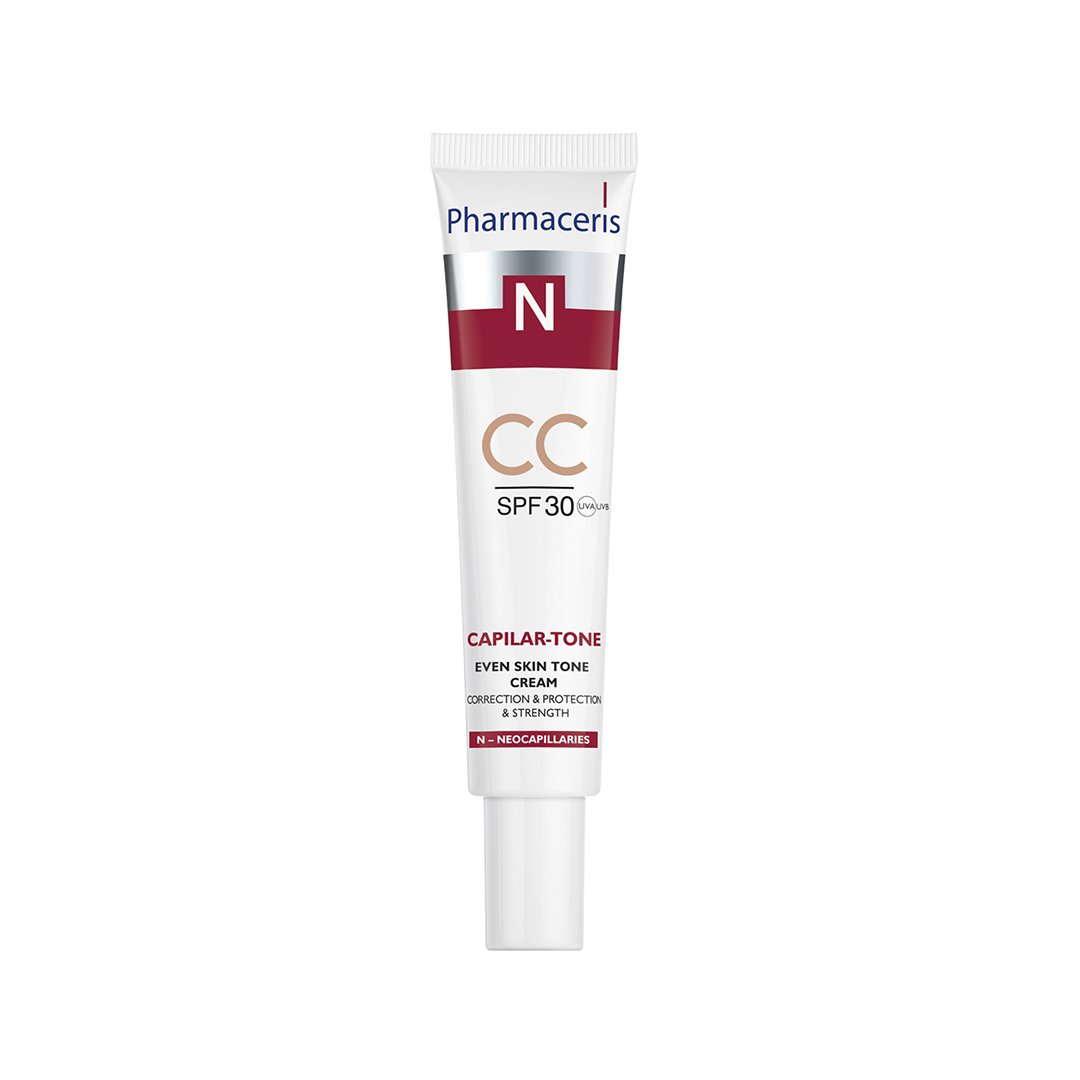 White tube of Pharmaceris N - Capilar-Tone 40ml, featuring a red and blue logo, with a twist cap and text indicating it’s a CC cream for even skin tone and SPF 30 protection.