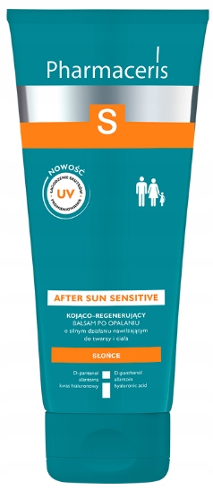 Turquoise tube of Pharmaceris S Cica Sensitive Soothing-Regenerating After Tanning Balm, featuring white text and a UV protection symbol, 200ml size.