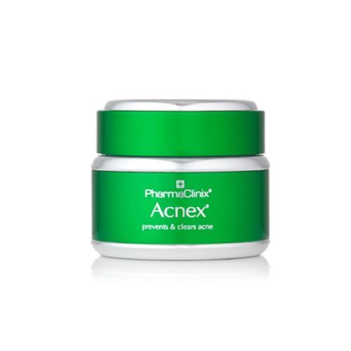 Green and white jar of PharmaClinix Acnex Cream, 50ml, labeled with "Acnex" and "prevents & clears acne" in bold text.