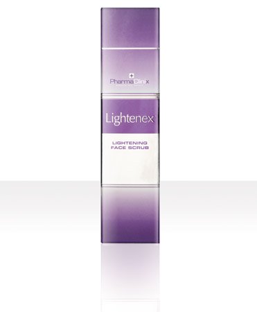 Purple and silver tube of PharmaClinix Brightening Lightenex Face Scrub & Wash, 250ml, featuring sleek design and clear labeling for skin brightening benefits.
