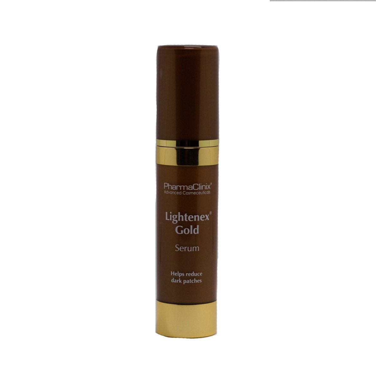 Brown and gold cylindrical serum bottle with a pump dispenser, labeled "Lightenex Gold Serum" by PharmaClinix, designed to help reduce dark patches on the skin.