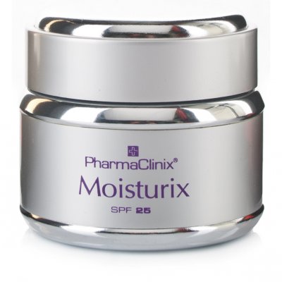 Silver and white cream jar with a smooth finish, labeled "Moisturix SPF 25" by PharmaClinix, featuring a sleek design and a 50ml capacity.