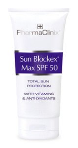 White tube of PharmaClinix Sun Blockex Max SPF50, featuring a purple label, highlighting total sun protection with vitamins and antioxidants, 50ml size.
