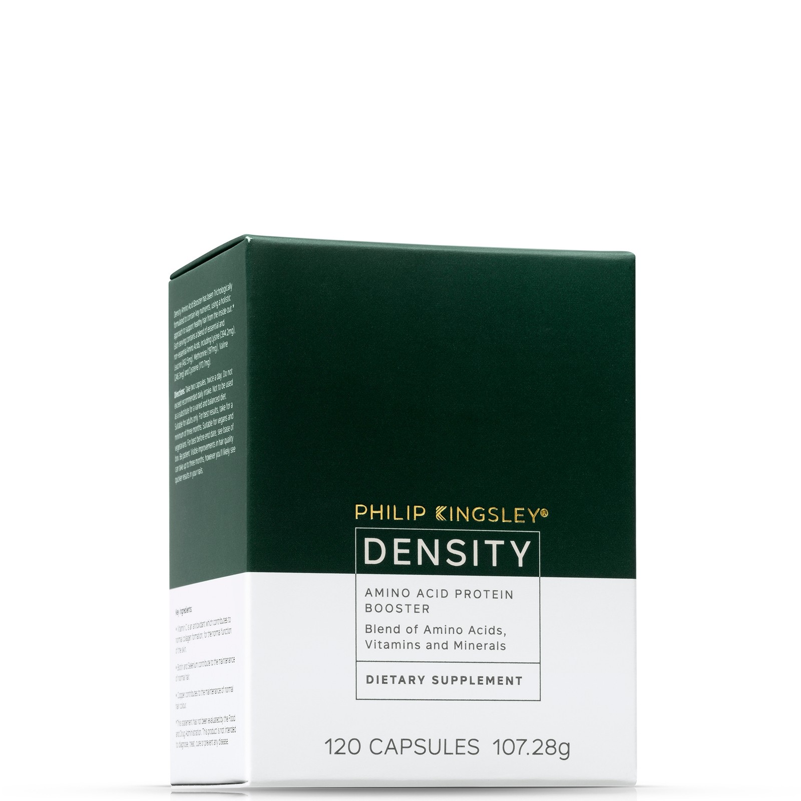 Green and white box labeled "DENSITY" by Philip Kingsley, containing 120 capsules, highlighting amino acids, vitamins, and minerals as dietary supplement features.
