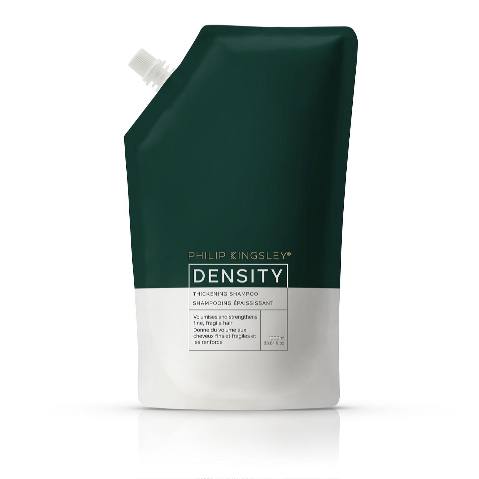 Green and white pouch of Philip Kingsley Density Shampoo, 1L, featuring a sleek design with a clear label that highlights its thickening and volumizing properties.