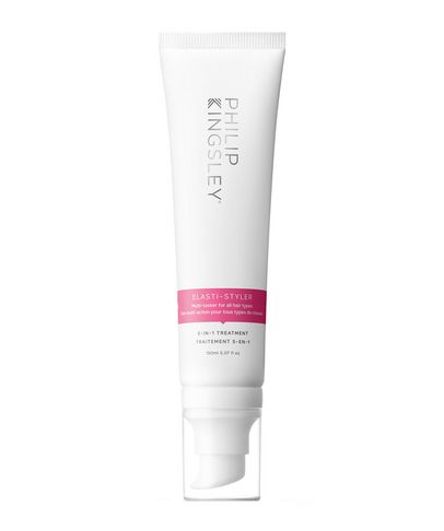White tube with a pink label, featuring "Philip Kingsley Elasti-Styler 5-in-1 Treatment" in bold lettering, with a clear pump dispenser at the bottom.