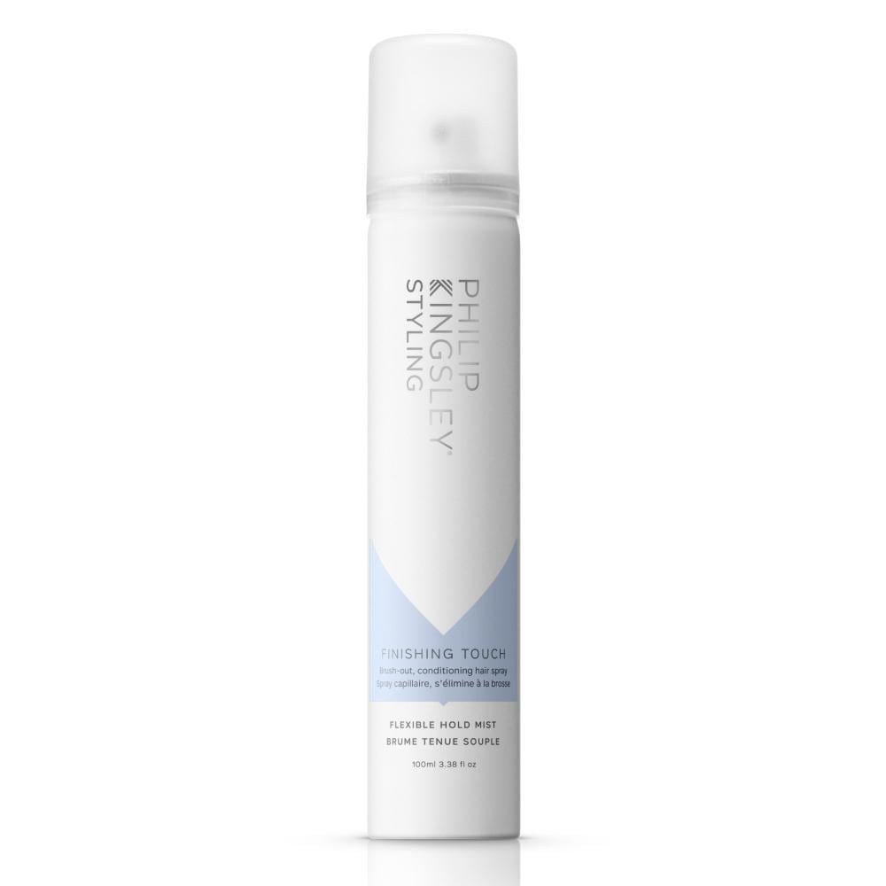 White spray bottle with a light blue label, featuring the text "Philip Kingsley Styling" and "Finishing Touch," designed for hair styling, 100ml size.