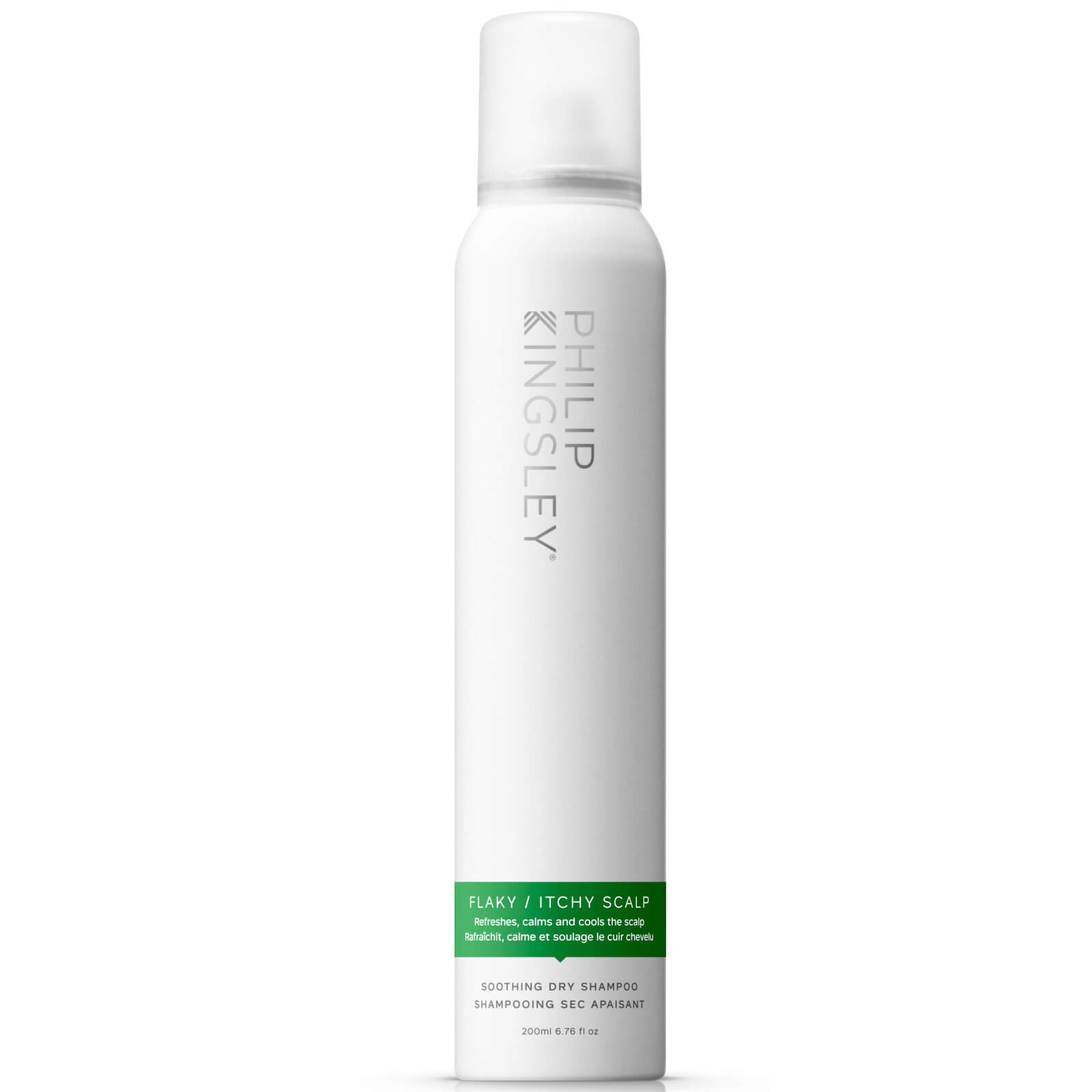 White aerosol can with a sleek design, featuring the text "PHILIP KINGSLEY" and "FLAKY / ITCHY SCALP" in green, labeled as a 200ml soothing dry shampoo for unisex use.