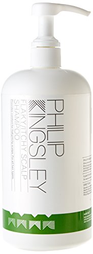 White plastic bottle with a pump dispenser, labeled "Philip Kingsley Flaky Itchy Scalp Shampoo," featuring green accents and a capacity of 1000ml.