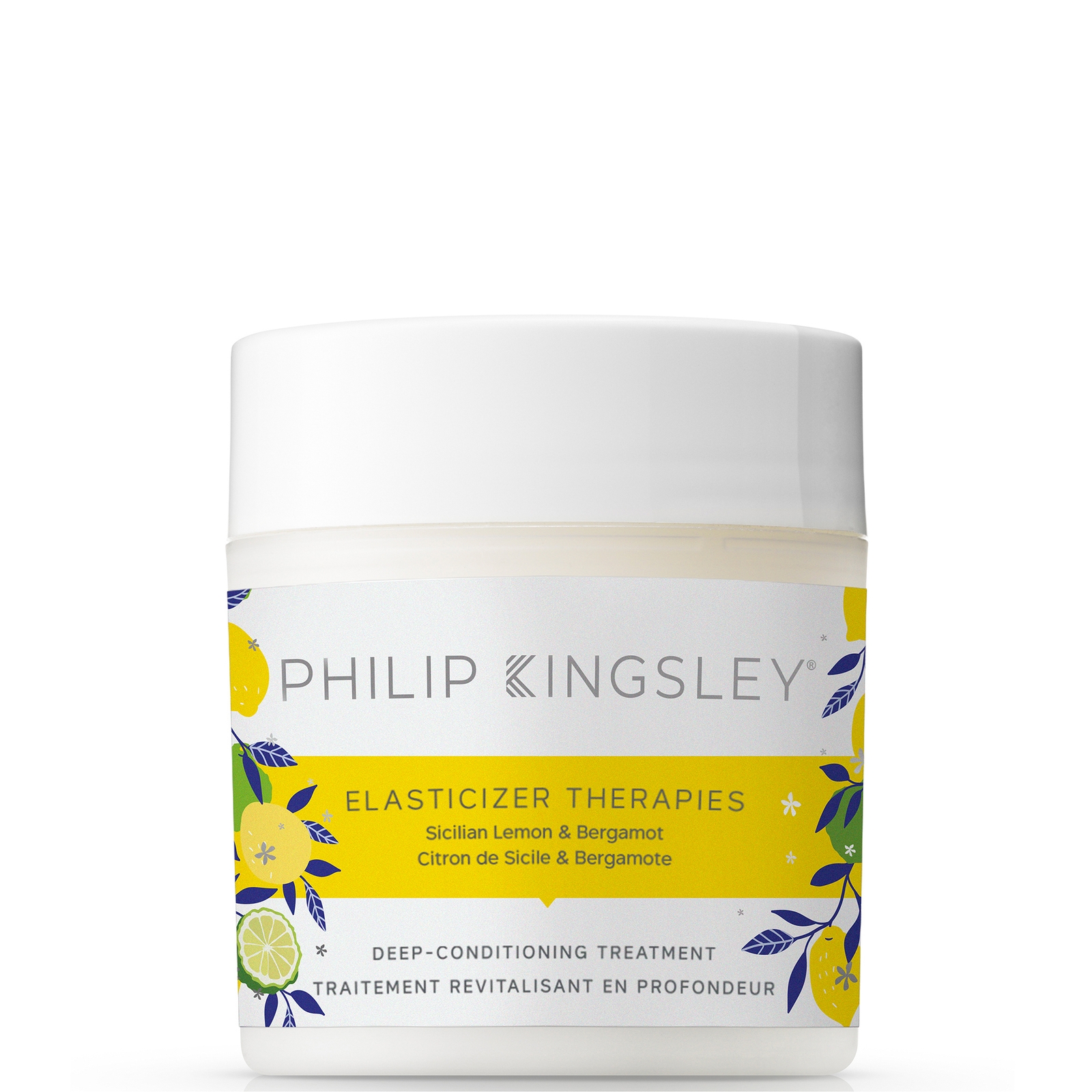 White jar with a yellow and blue floral design, labeled "Philip Kingsley Elasticizer Therapies," featuring Sicilian Lemon & Bergamot, 150ml deep-conditioning treatment.