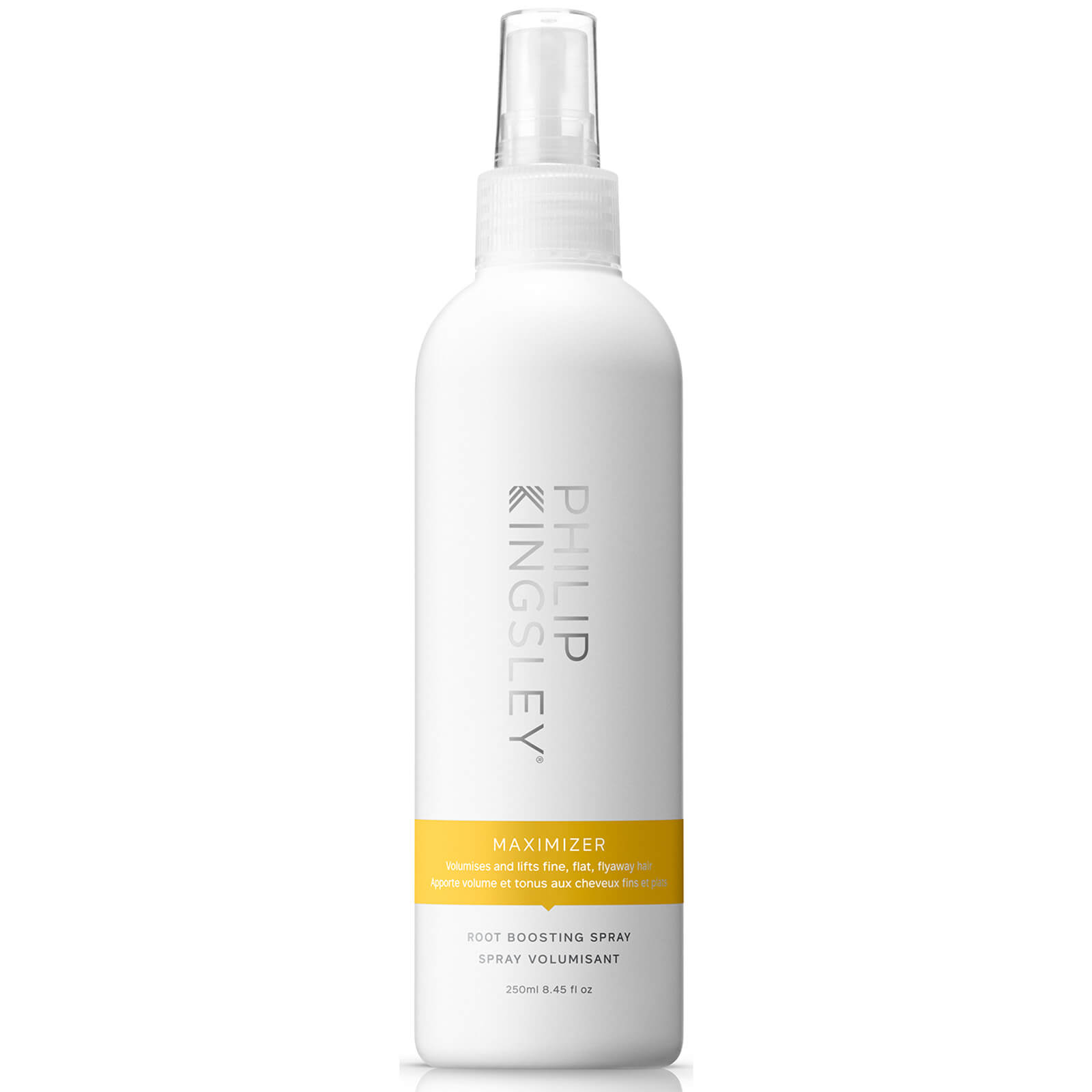 White spray bottle with a yellow label, featuring the text "Maximizer" and "Root Boosting Spray," part of the Philip Kingsley Lack Volume & Lift Collection.