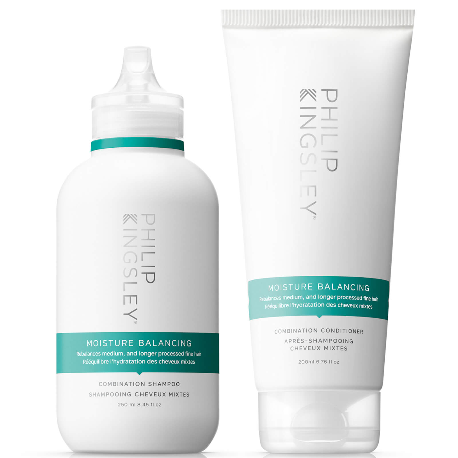 White shampoo bottle with a turquoise label and flip-top cap, alongside a matching white conditioner tube with a similar turquoise band, both labeled "Moisture Balancing" by Philip Kingsley.