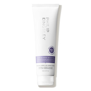 White tube of Philip Kingsley Pure Blonde Booster Mask, 150ml, featuring a purple label and text, designed for enhancing blonde hair with a sleek, modern design.