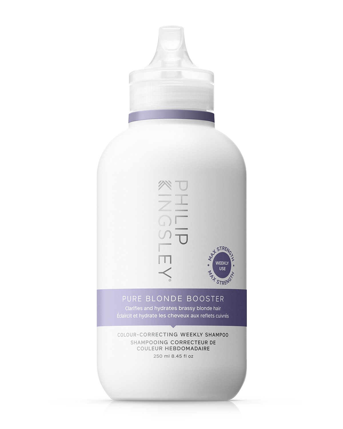 White bottle with a pump top, labeled "Philip Kingsley Pure Blonde Booster," featuring a light purple band and text, designed for color-correcting blonde hair.