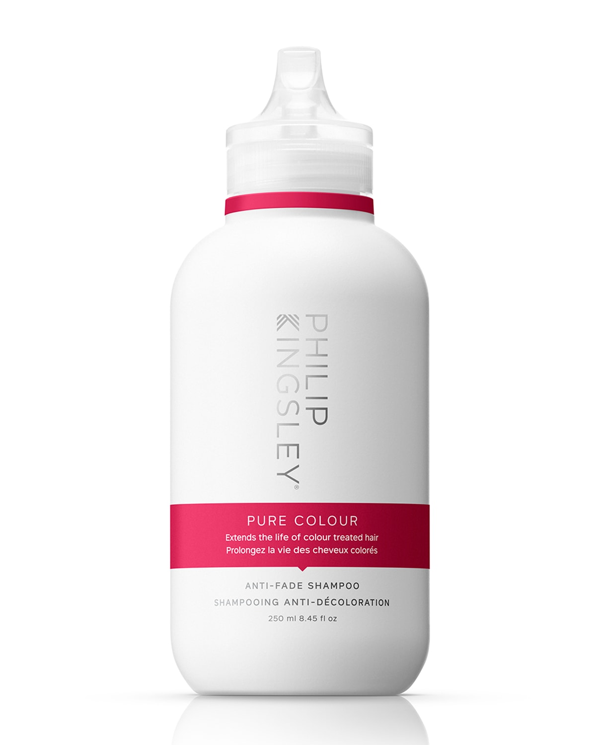 White bottle with a sleek design, featuring a flip-top lid, labeled "Philip Kingsley Pure Colour" in bold black and pink text, 250 ml size, designed for color-treated hair.