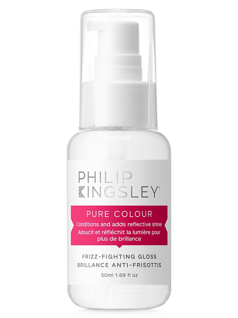 Clear plastic bottle with a white pump dispenser, labeled "Philip Kingsley Pure Colour Frizz Fighting Gloss 50ml" in white and pink text, designed to enhance shine and reduce frizz.