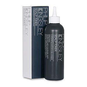 Black plastic bottle with a white nozzle, labeled "Philip Kingsley Scalp Toner," alongside a sleek black and white box, both featuring modern typography.