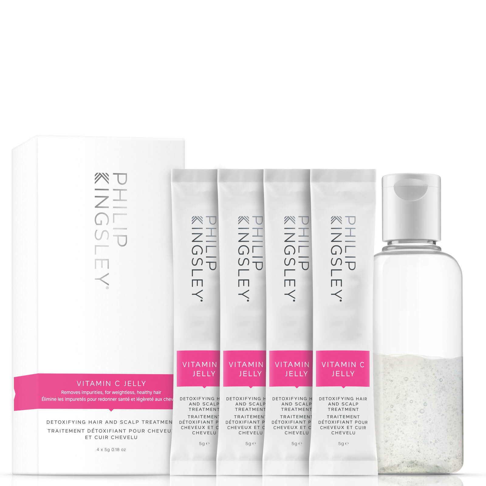 Four silver tubes of Vitamin C Jelly Detoxifying Hair and Scalp Treatment by Philip Kingsley, alongside a clear bottle, all packaged in a white box with pink accents.