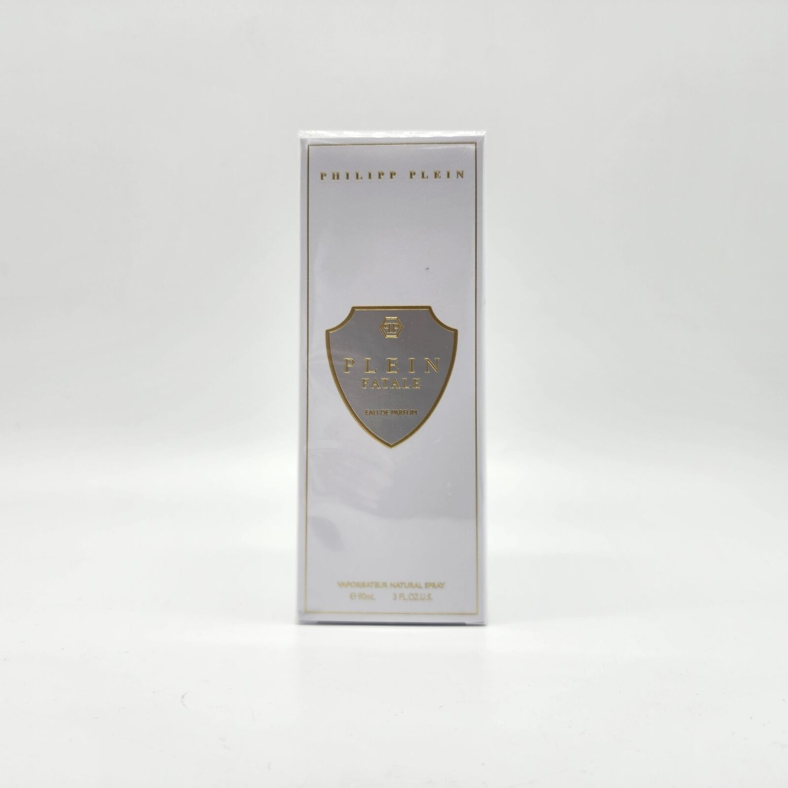 White box with a glossy finish, featuring a gold shield logo and "PHILIPP PLEIN" text, labeled as "PLEIN FATALE EAU DE PARFUM SPRAY 3 OZ" for women.
