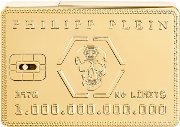 Gold rectangular bottle designed like a credit card, featuring the Philipp Plein logo, a skull emblem, and the text "NO LIMIT$" with a textured finish.