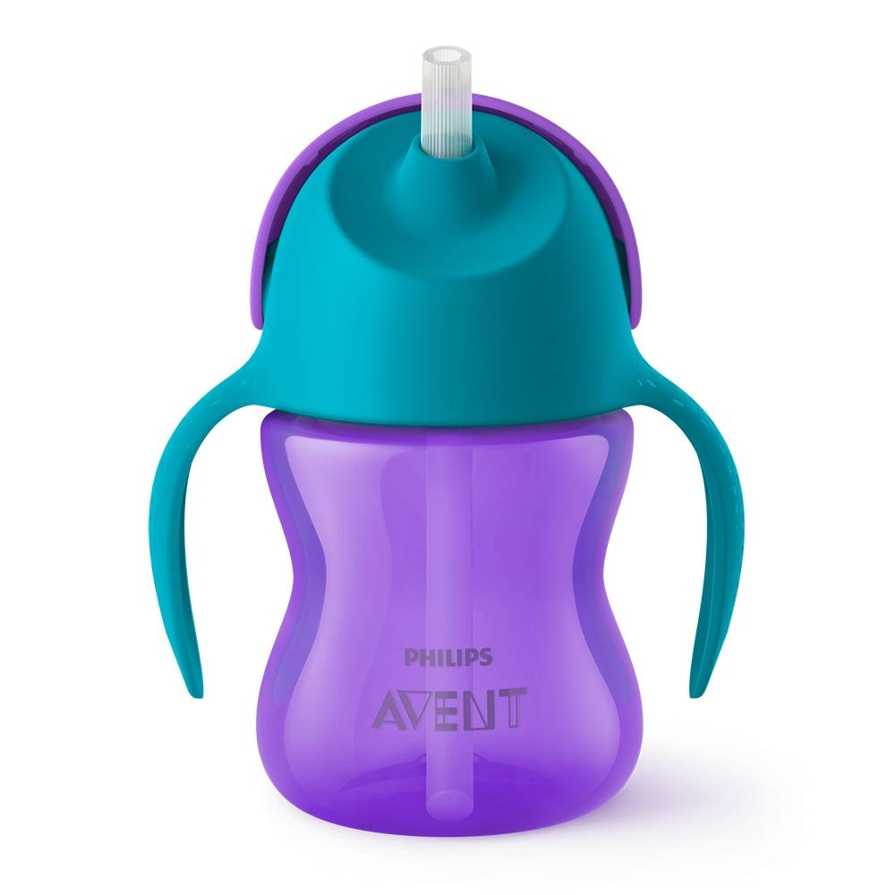 Philips Avent straw cup in purple with a teal lid and handles, featuring a clear straw, designed for children 9 months and up, with a capacity of 200ml.
