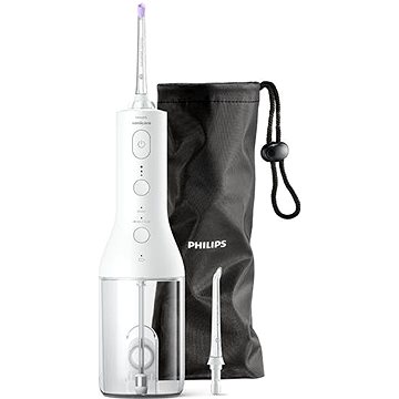 White Philips Sonicare HX3826/31 portable water flosser with a transparent water reservoir, control buttons, and a purple nozzle, accompanied by a black drawstring storage bag.