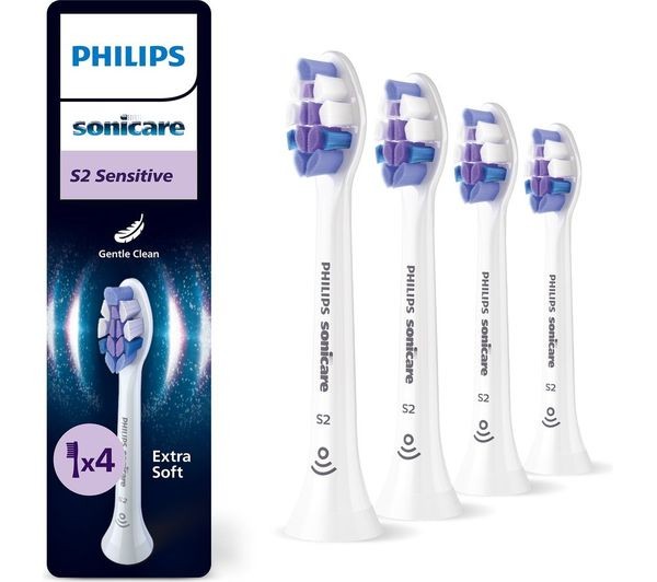 Four Philips Sonicare S2 Sensitive brush heads in white and purple, featuring extra soft bristles for gentle cleaning, packaged with a sleek, branded box.