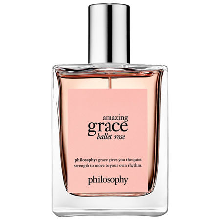 Clear glass bottle with a silver spray nozzle, featuring a soft pink label that reads "amazing grace ballet rose" and "philosophy" in black text.