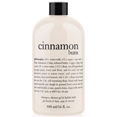 Clear plastic bottle of Philosophy Cinnamon Buns Shampoo Shower Gel & Bubble Bath, 16.0 oz, featuring a beige label with black text and a simple, elegant design.