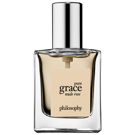 Clear glass bottle with a square shape, featuring a beige label that reads "pure grace nude rose" and a silver cap, containing 2 oz of Eau de Toilette spray.