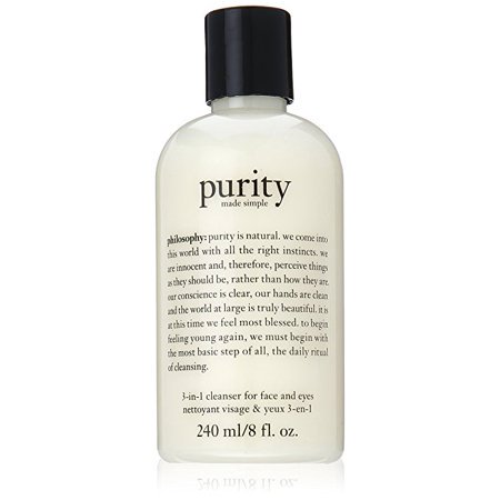 Clear plastic bottle of Philosophy Purity 3-in-1 Cleanser, 240ml, featuring a black cap, minimalist design, and white label with black text, emphasizing its natural and simple formulation.