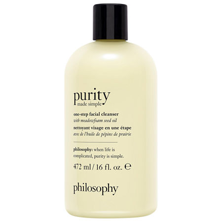 Light yellow plastic bottle of Philosophy Purity One-Step Facial Cleanser, 16 ounces, featuring a black cap and minimalist label with product details and brand name.