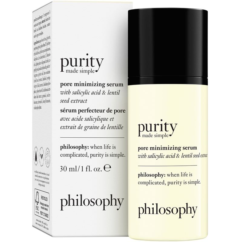 White bottle with a black pump top, labeled "Purity Made Simple Pore Minimizing Serum" in black text, featuring details about salicylic acid and lentil seed extract.