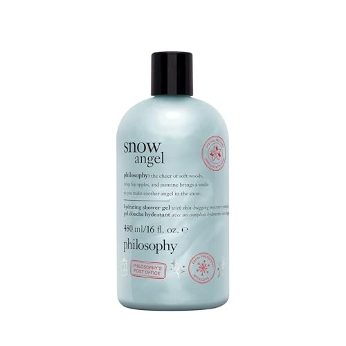 Light blue bottle of Debenhams Bath & Body Snow Angel Shower Gel, 480ml, featuring a black cap and whimsical snowflake design, with text detailing its hydrating properties.