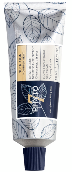 Tube of PHYTO 7 Nourishing Day Cream, featuring a blue and white design with leaf patterns, labeled for dry, very dry hair, containing 50 ml of cream.
