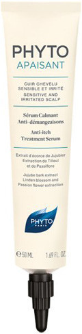 White tube with a blue and black label, featuring "PHYTO APAISANT" in bold, contains 1.7 oz of calming serum for unisex use, with a pointed black applicator tip.