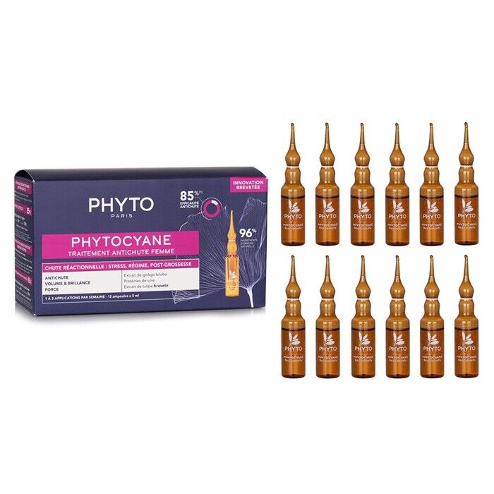 Brown glass ampoules arranged in a row, containing a liquid treatment for women's hair loss, alongside a sleek black and purple box labeled "Phyto Phytocyane."