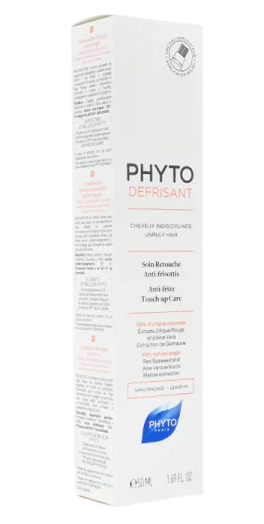 Tall white box with blue and red text, featuring "PHYTO DEFRISANT" prominently, and details about the anti-frizz care product, 50 mL size, with a clean, modern design.