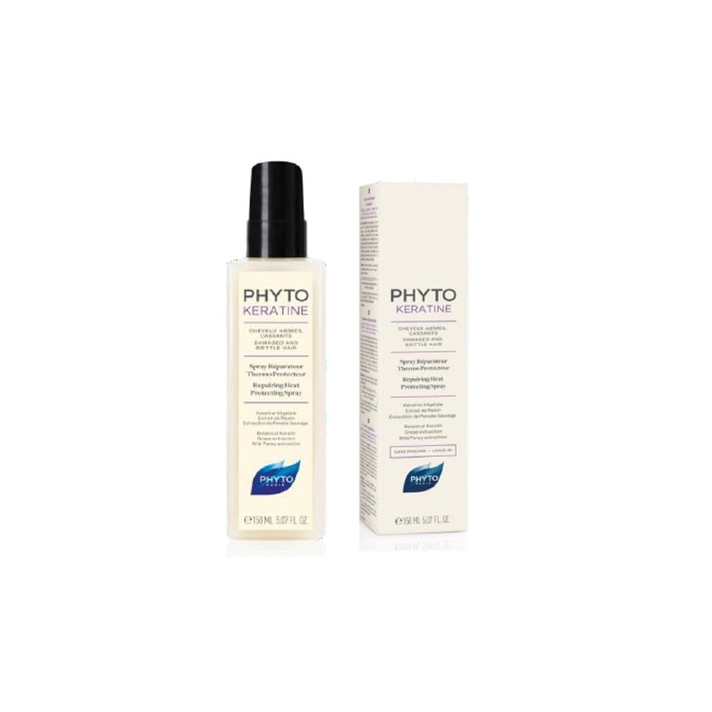 Clear plastic spray bottle with a black pump top, containing 5.07 oz of Phyto Keratine Repairing Heat Protecting Hair Spray, alongside a matching cardboard box with a light beige design.