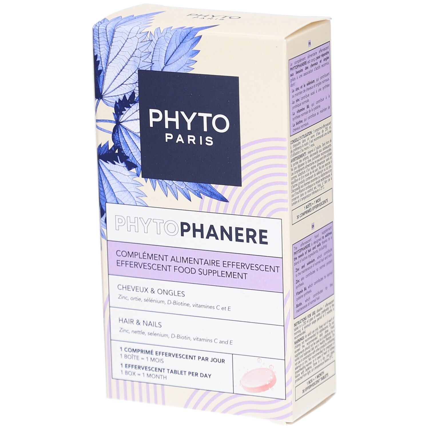 Light blue and white box featuring the Phyto Paris logo, labeled "Phytophanere," with details on hair and nail benefits, and includes effervescent tablet instructions.