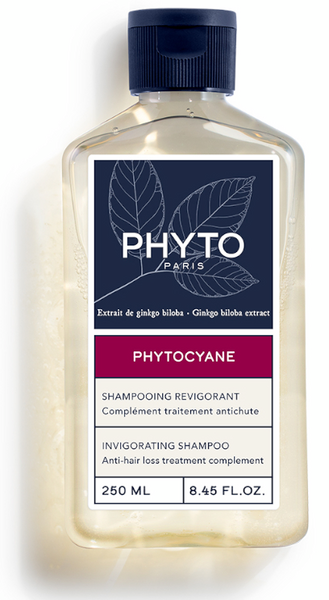 Clear plastic bottle with a dark blue label featuring white text, contains 250ml of PhytoCyane invigorating shampoo, highlighting ginkgo biloba extract for anti-hair loss treatment.