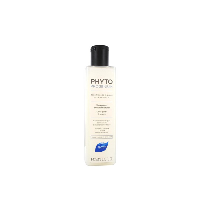 Clear bottle of Phyto Phytoprogenium Ultra-Gentle Shampoo, 8.5 fl oz, featuring a black cap and minimalist white label with blue accents, emphasizing its gentle formula for all hair types.