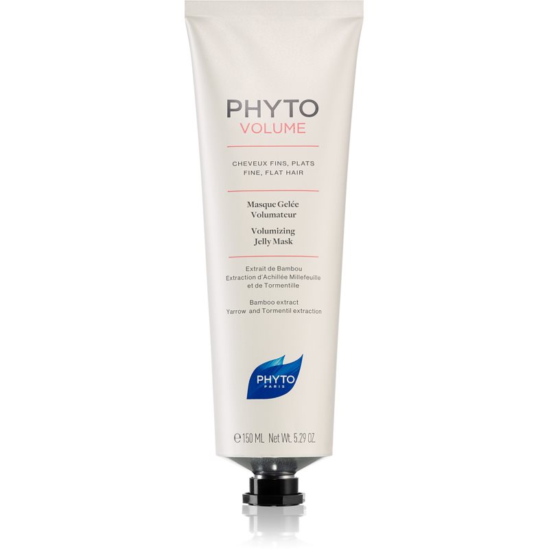 Sleek white tube with a silver cap, labeled "PHYTOVOLUME Jelly Mask" in bold black letters, featuring bamboo extract and designed for fine, flat hair, 150 ml size.