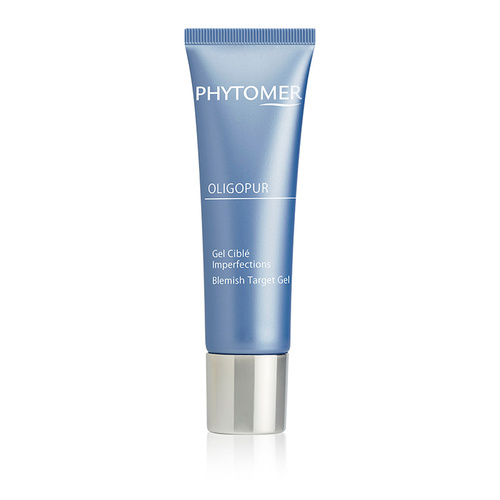 Light blue tube of Phytomer Oligopur Blemish Target Gel, 30ml, featuring a silver cap and white text detailing the product name and purpose.