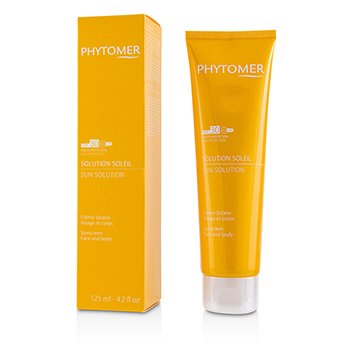 Bright yellow tube and box of Phytomer's 4.2 oz Sun Solution Sunscreen SPF 30, designed for face and body, featuring a sleek, modern design with clear branding.