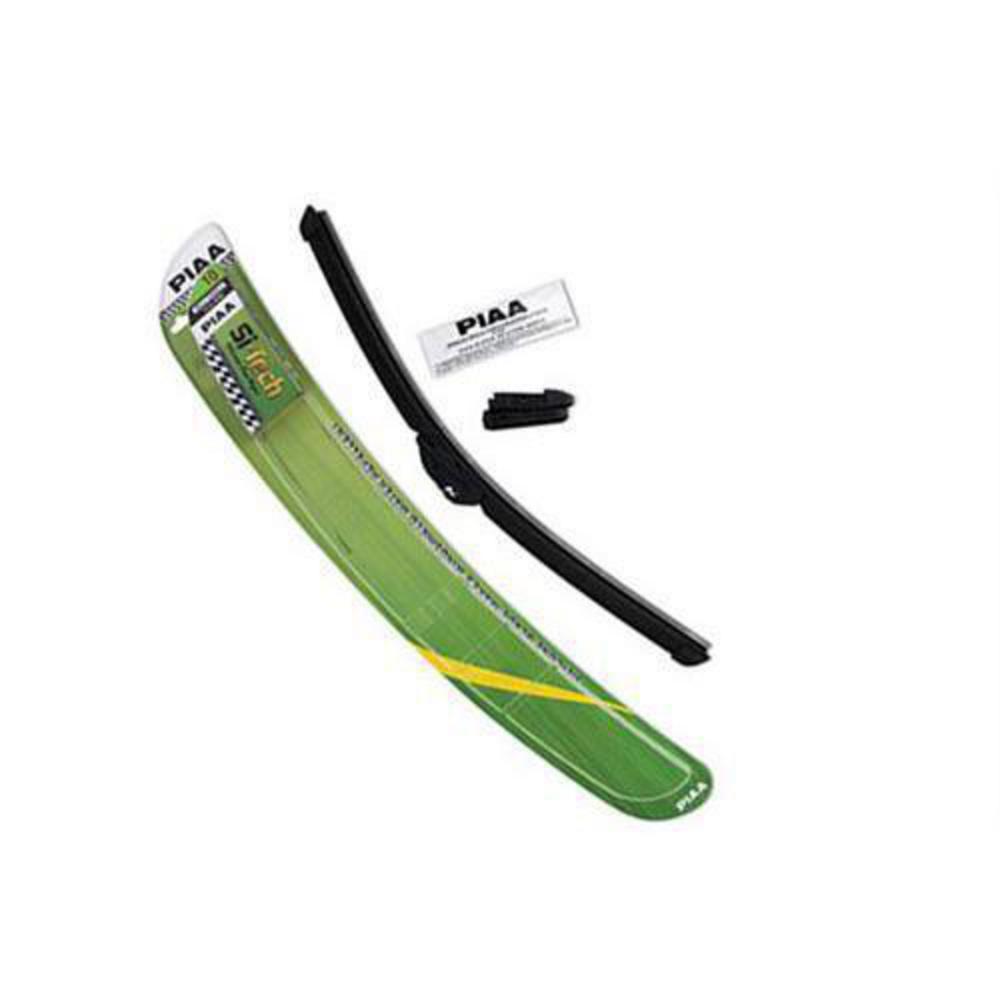 PIAA 97050 windshield wiper blade featuring a sleek green and black design, made of durable rubber, with a curved shape for optimal performance and includes installation accessories.