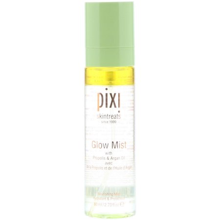 Clear spray bottle of Pixi Glow Mist, 80ml, featuring a light green cap and a gradient of yellow and clear liquid, labeled with "Glow Mist" and key ingredients.