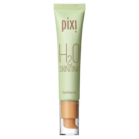 Light green tube with a pump dispenser, labeled "Pixi H2O SkinTint - Tan," featuring a lightweight, water-based formula for natural coverage and a flawless finish.