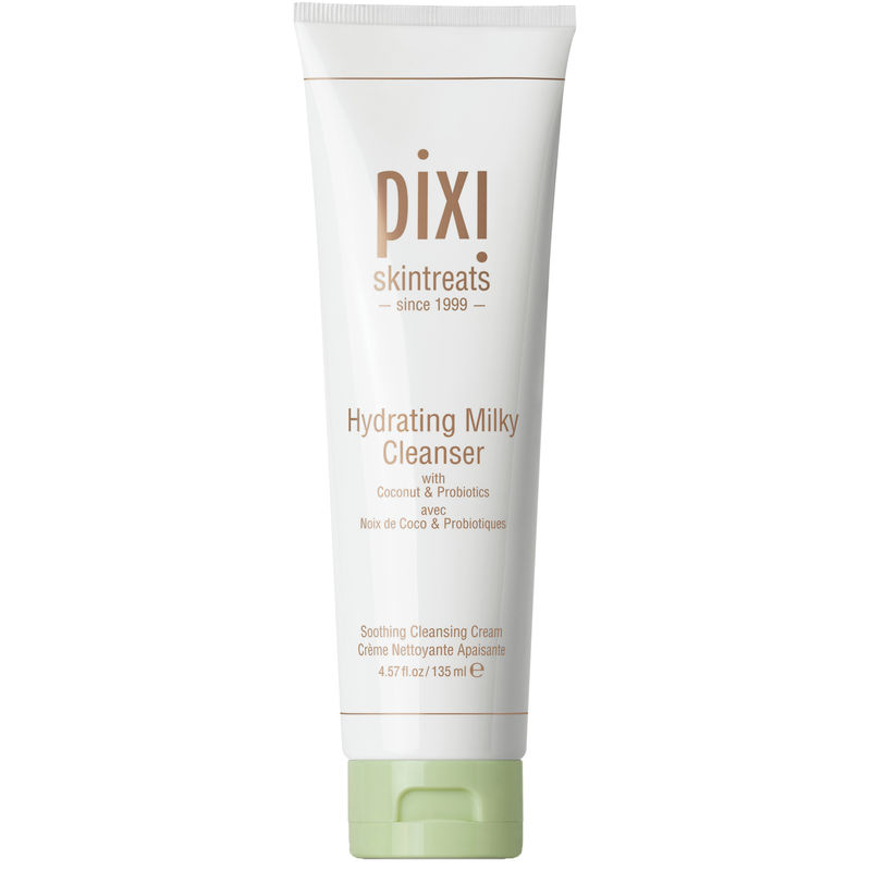 Pixi Beauty Hydrating Milky Cleanser in a light green and white tube, featuring a flip-top cap, labeled with product details and key ingredients like coconut and probiotics.