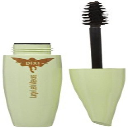 Large, light green tube of Pixi Beauty Large Lash Mascara with a gold logo, featuring a black, bristled wand for volumizing and lengthening lashes.